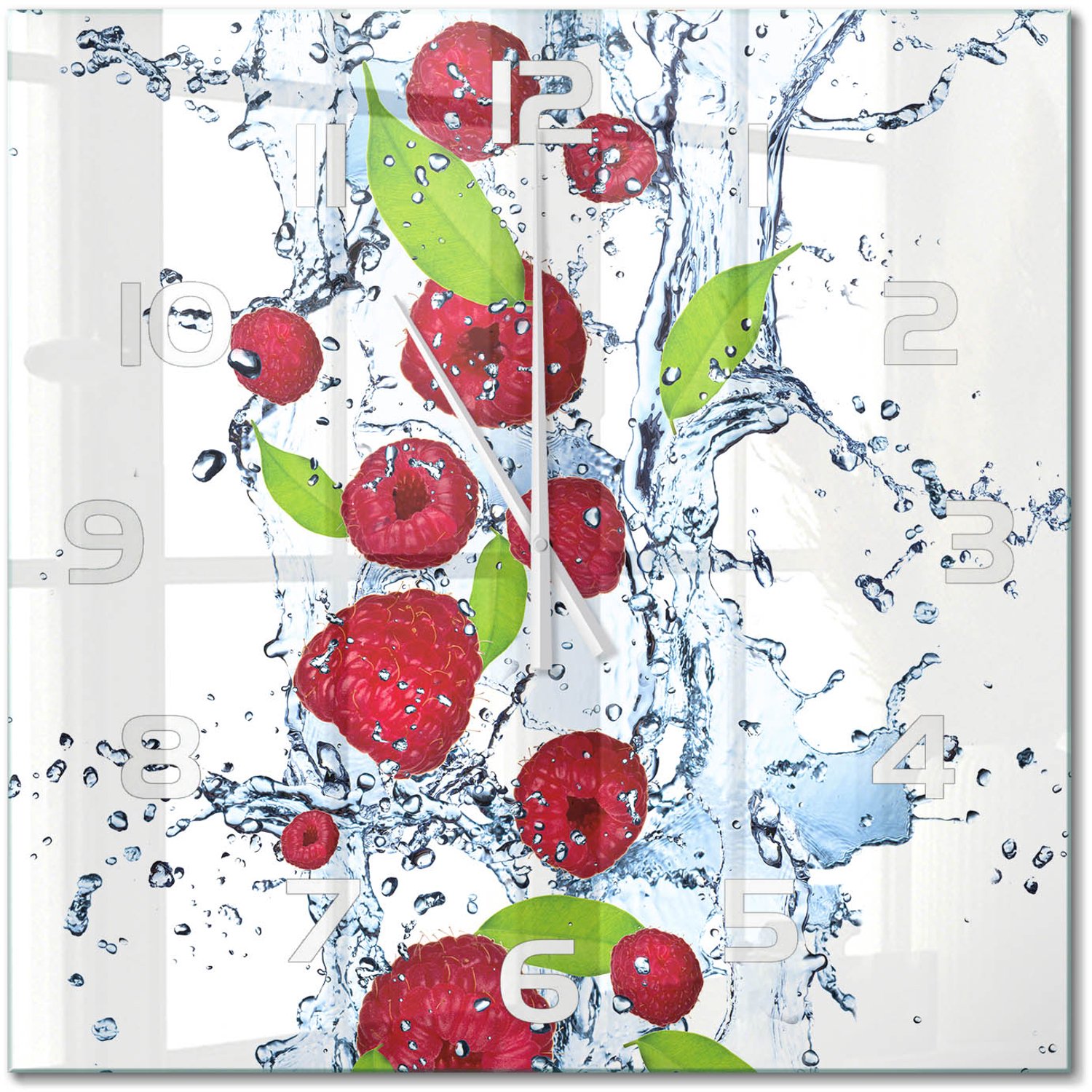 TULUP Wandklok - Frambozen en water Wandklok Glas Met Motief - 60x60 cm - Rood Decoratieve Glazen Klok - Witte handen - Vierkante Klok - Gekleurde Glazen Klok - Glazen Klok Met Print