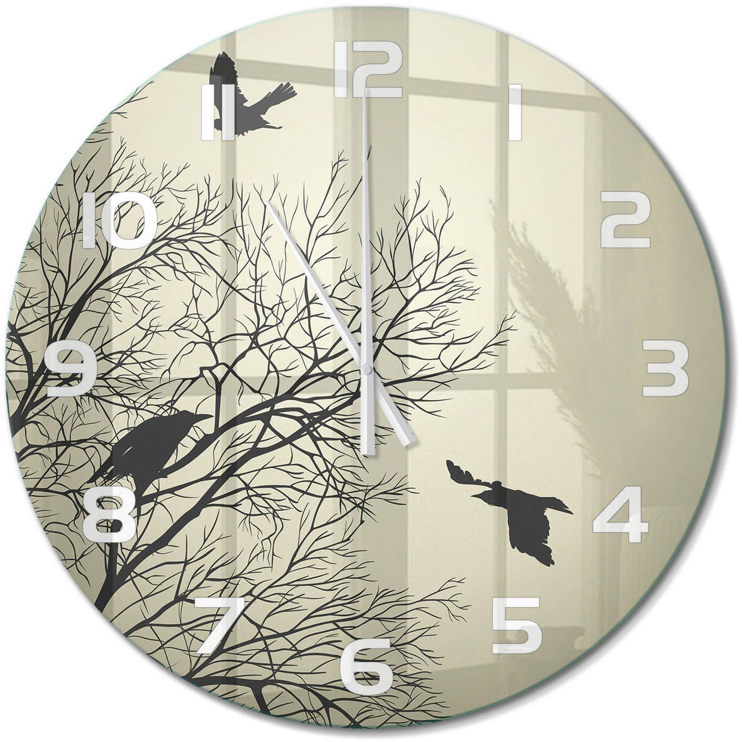 TULUP Wandklok - Raven in de boom Gekleurde Glazen Klok - fi60 cm - Beige Glazen Klok Met Print - Witte handen - Ronde Klok - Moderne Wandklok Glas - Wandklok Glas Decoratie