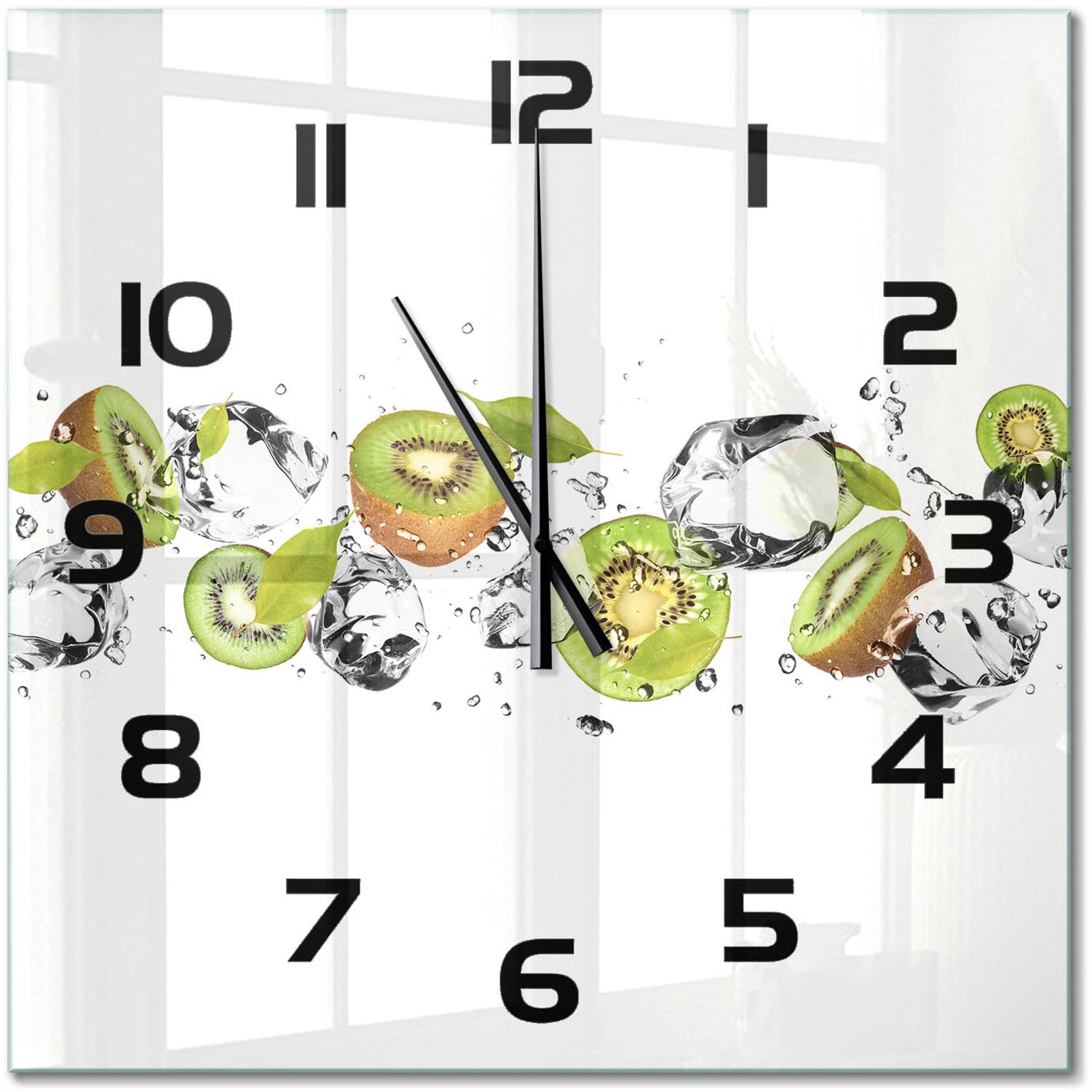TULUP Wandklok - Kiwi en water Klok Glas Met Opdruk - 60x60 cm - Groente Moderne Wandklok Glas - Zwarte handen - Vierkante Klok - Decoratieve Glazen Klok - Glazen Wandklok Design