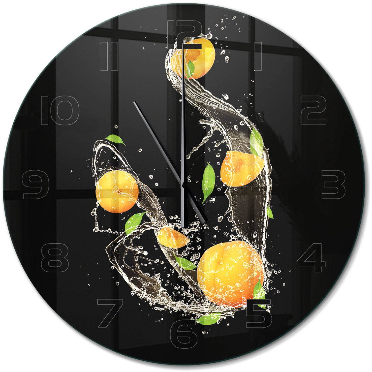 TULUP Wandklok - Abrikozen en water Wandklok Glas Decoratie - fi60 cm - Oranje Gekleurde Glazen Klok - Zwarte handen - Ronde Klok - Klok Glas Met Opdruk - Moderne Wandklok Glas