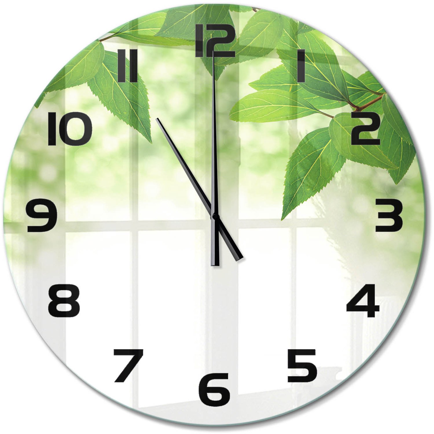 TULUP Wandklok - Groene bladeren Moderne Wandklok Glas - fi60 cm - Groente Wandklok Glas Decoratie - Zwarte handen - Ronde Klok - Glazen Wandklok Design - Klok Glas Met Opdruk