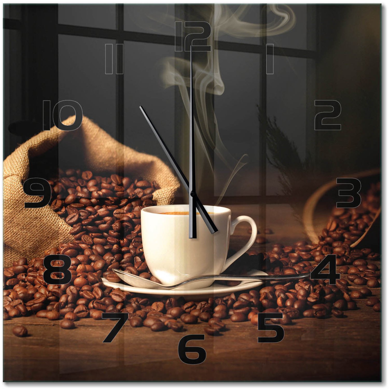 TULUP Wandklok - Koffie in een kopje Klok Glas Met Opdruk - 60x60 cm - Bruin Moderne Wandklok Glas - Zwarte handen - Vierkante Klok - Decoratieve Glazen Klok - Glazen Wandklok Design