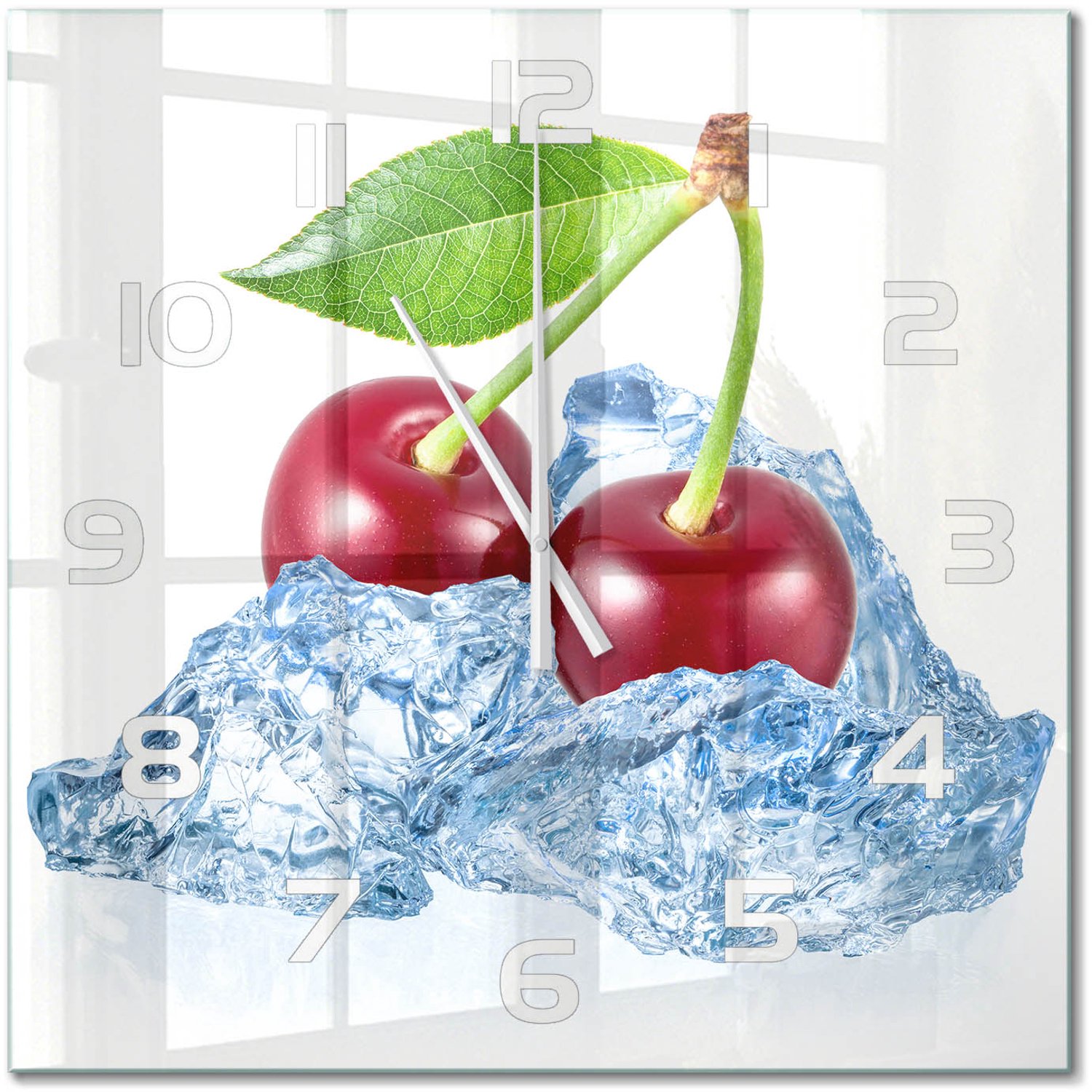 TULUP Wandklok - Kers met ijs Glazen Wandklok Design - 60x60 cm - Rood Klok Glas Met Opdruk - Witte handen - Vierkante Klok - Wandklok Glas Met Motief - Decoratieve Glazen Klok