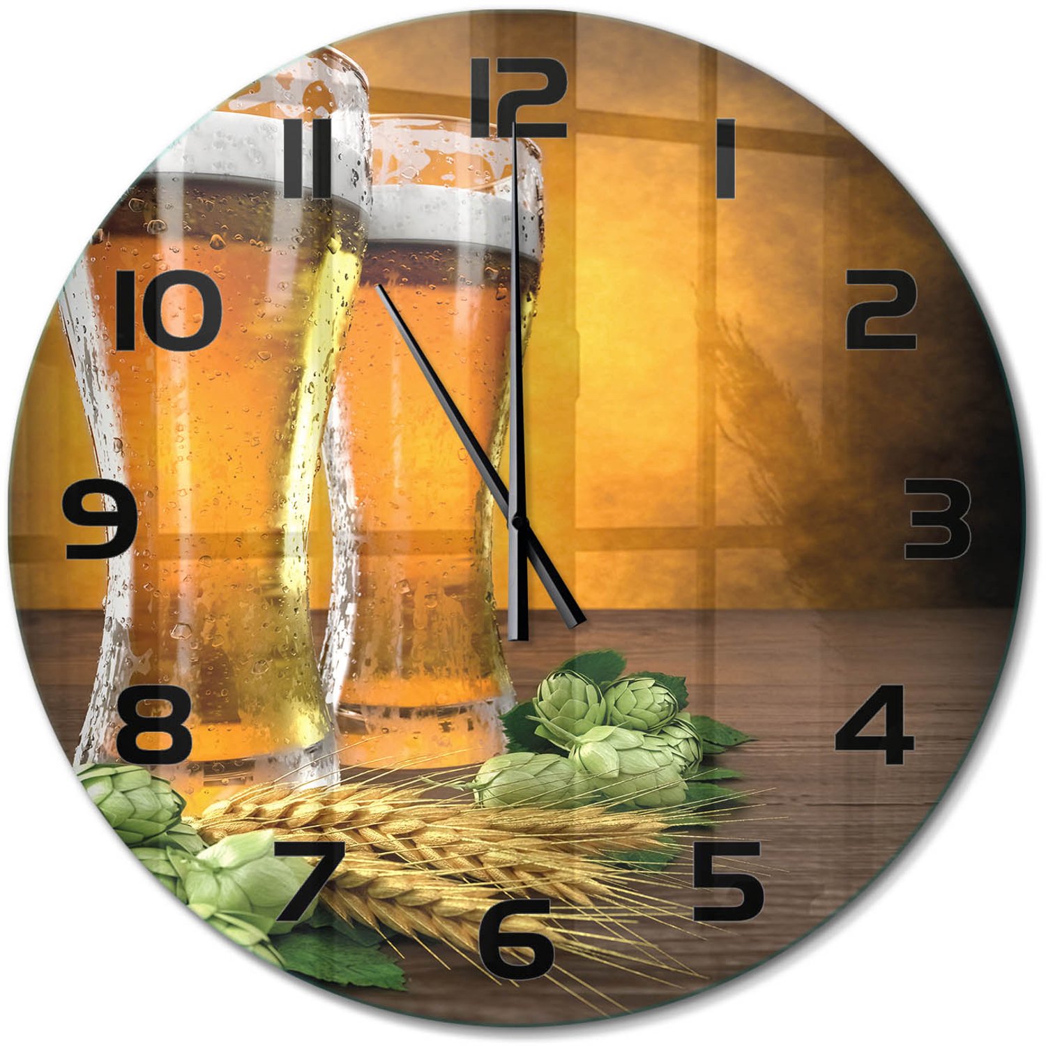 TULUP Wandklok - Twee glazen bier Klok Glas Met Opdruk - fi60 cm - Oranje Moderne Wandklok Glas - Zwarte handen - Ronde Klok - Decoratieve Glazen Klok - Glazen Wandklok Design