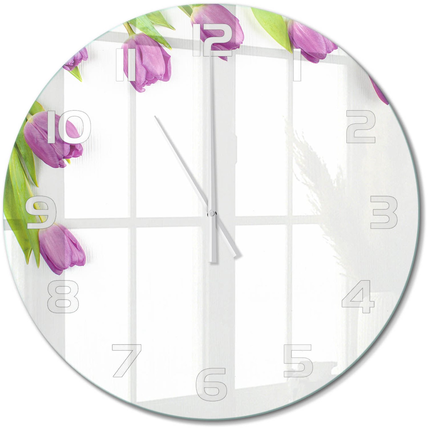 TULUP Wandklok - Paarse tulpen Glazen Klok Met Print - fi60 cm - Paars Wandklok Glas Met Motief - Witte handen - Ronde Klok - Wandklok Glas Decoratie - Gekleurde Glazen Klok