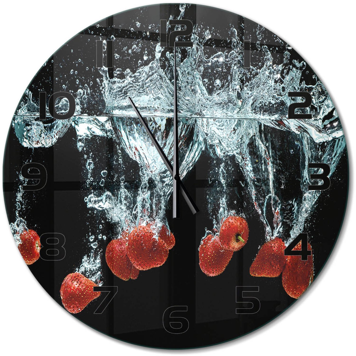 TULUP Wandklok - Aardbeien onder water Glazen Wandklok Design - fi60 cm - Rood Klok Glas Met Opdruk - Zwarte handen - Ronde Klok - Wandklok Glas Met Motief - Decoratieve Glazen Klok