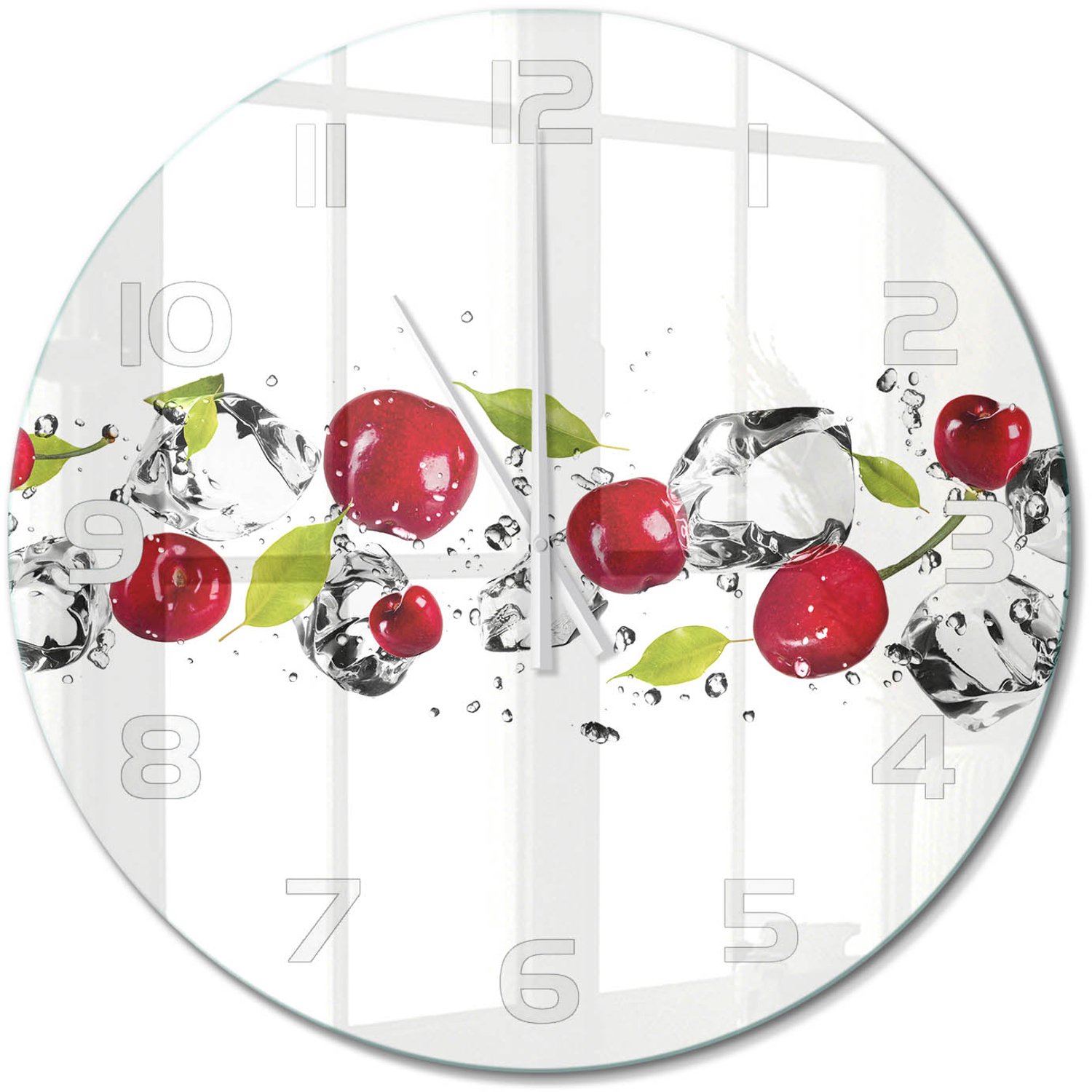TULUP Wandklok - Kersen en water Gekleurde Glazen Klok - fi60 cm - Rood Glazen Klok Met Print - Witte handen - Ronde Klok - Moderne Wandklok Glas - Wandklok Glas Decoratie