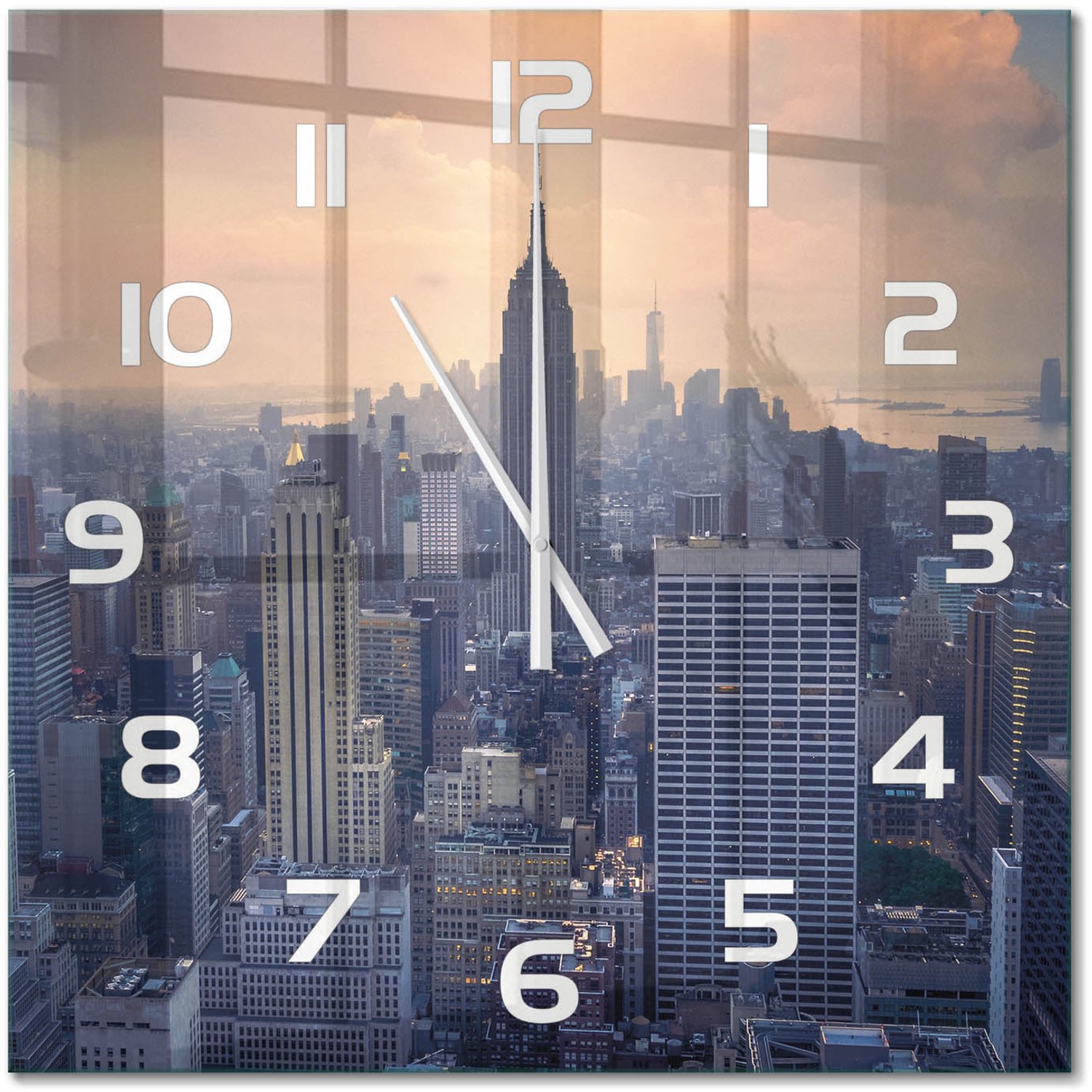 TULUP Wandklok - Manhattan, New York Glazen Wandklok Design - 60x60 cm - Grijs Klok Glas Met Opdruk - Witte handen - Vierkante Klok - Wandklok Glas Met Motief - Decoratieve Glazen Klok