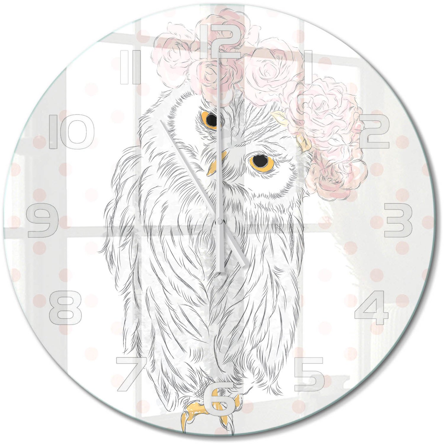 TULUP Wandklok - Uil in een krans Gekleurde Glazen Klok - fi60 cm - Roze Glazen Klok Met Print - Witte handen - Ronde Klok - Moderne Wandklok Glas - Wandklok Glas Decoratie