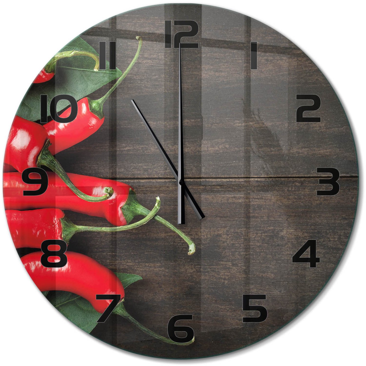 TULUP Wandklok - Chilipepers Glazen Wandklok Design - fi60 cm - Rood Klok Glas Met Opdruk - Zwarte handen - Ronde Klok - Wandklok Glas Met Motief - Decoratieve Glazen Klok