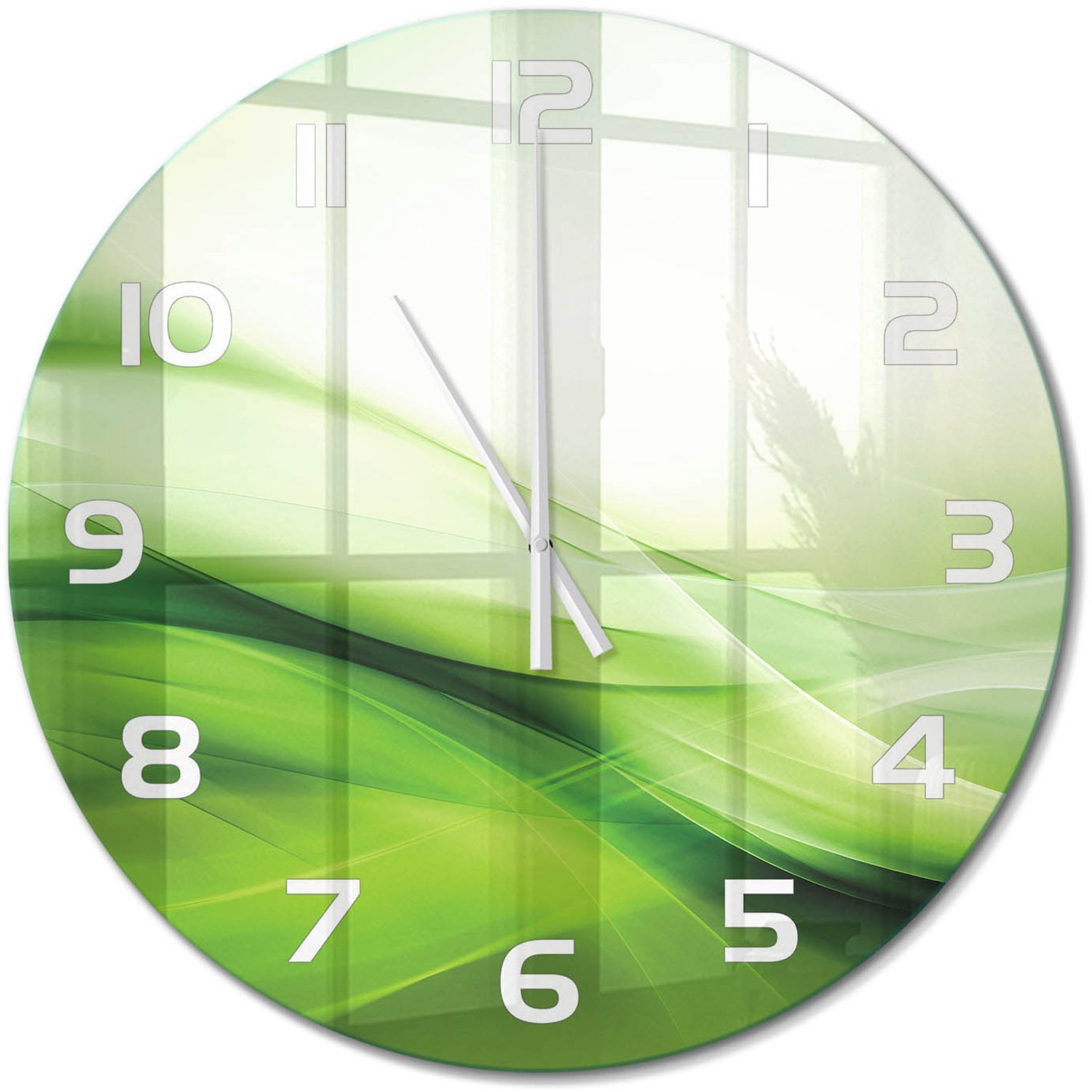 TULUP Wandklok - Groene golven achtergrond Glazen Wandklok Design - fi60 cm - Groente Klok Glas Met Opdruk - Witte handen - Ronde Klok - Wandklok Glas Met Motief - Decoratieve Glazen Klok
