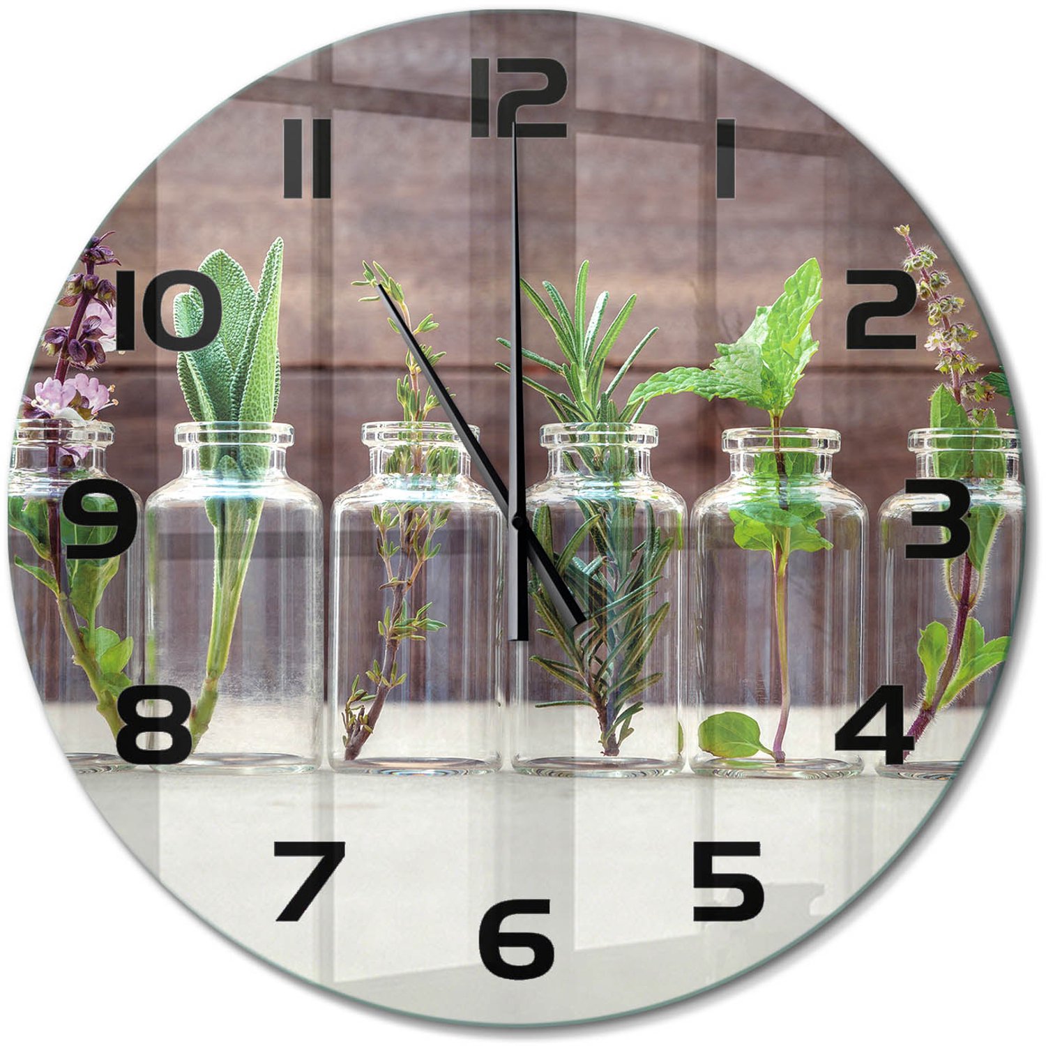 TULUP Wandklok - Planten in glazen Decoratieve Glazen Klok - fi60 cm - Groente Glazen Wandklok Design - Zwarte handen - Ronde Klok - Glazen Klok Met Print - Wandklok Glas Met Motief