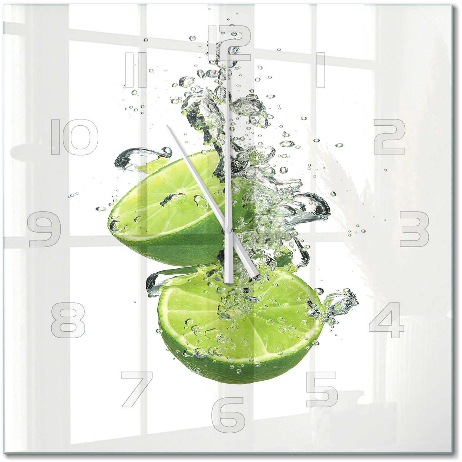 TULUP Wandklok - Kalk onder water Gekleurde Glazen Klok - 60x60 cm - Groente Glazen Klok Met Print - Witte handen - Vierkante Klok - Moderne Wandklok Glas - Wandklok Glas Decoratie