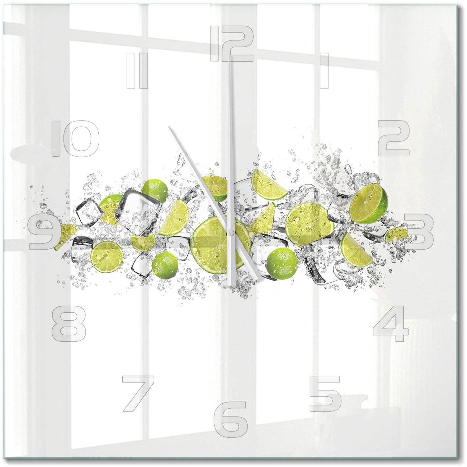 TULUP Wandklok - Limoenijsblokjes Klok Glas Met Opdruk - 60x60 cm - Groente Moderne Wandklok Glas - Witte handen - Vierkante Klok - Decoratieve Glazen Klok - Glazen Wandklok Design