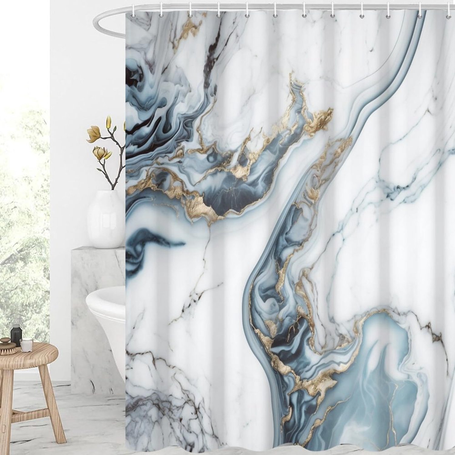 Douchegordijn 180x180cm Blauw en Wit Marmer Waterdicht