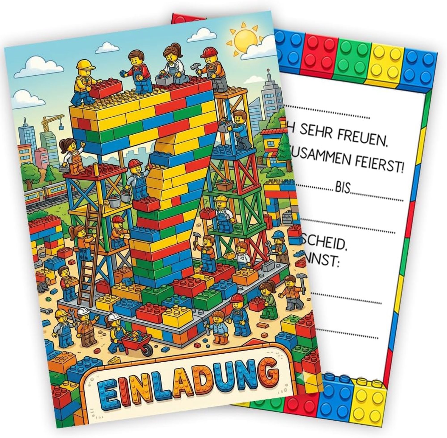 12x Uitnodiging bouwstenen kinderfeest 12 x 17 cm
