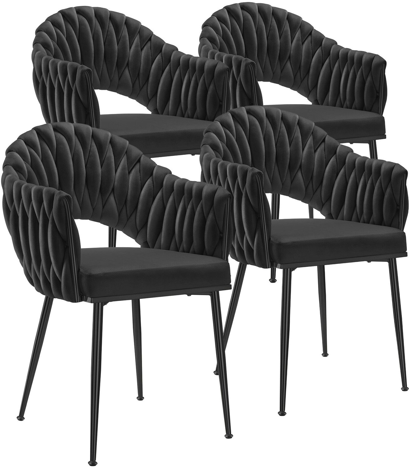 Tectake Eetkamerstoel Caslano - Set van 4 - Eetkamerstoelen met Fluwelen Bekleding - Doorlopende Rugleuning en Armleuning met Vlechtwerk - Slanke Stalen Poten - Draagkracht 150 kg per Stoel - Zwart/Zwart