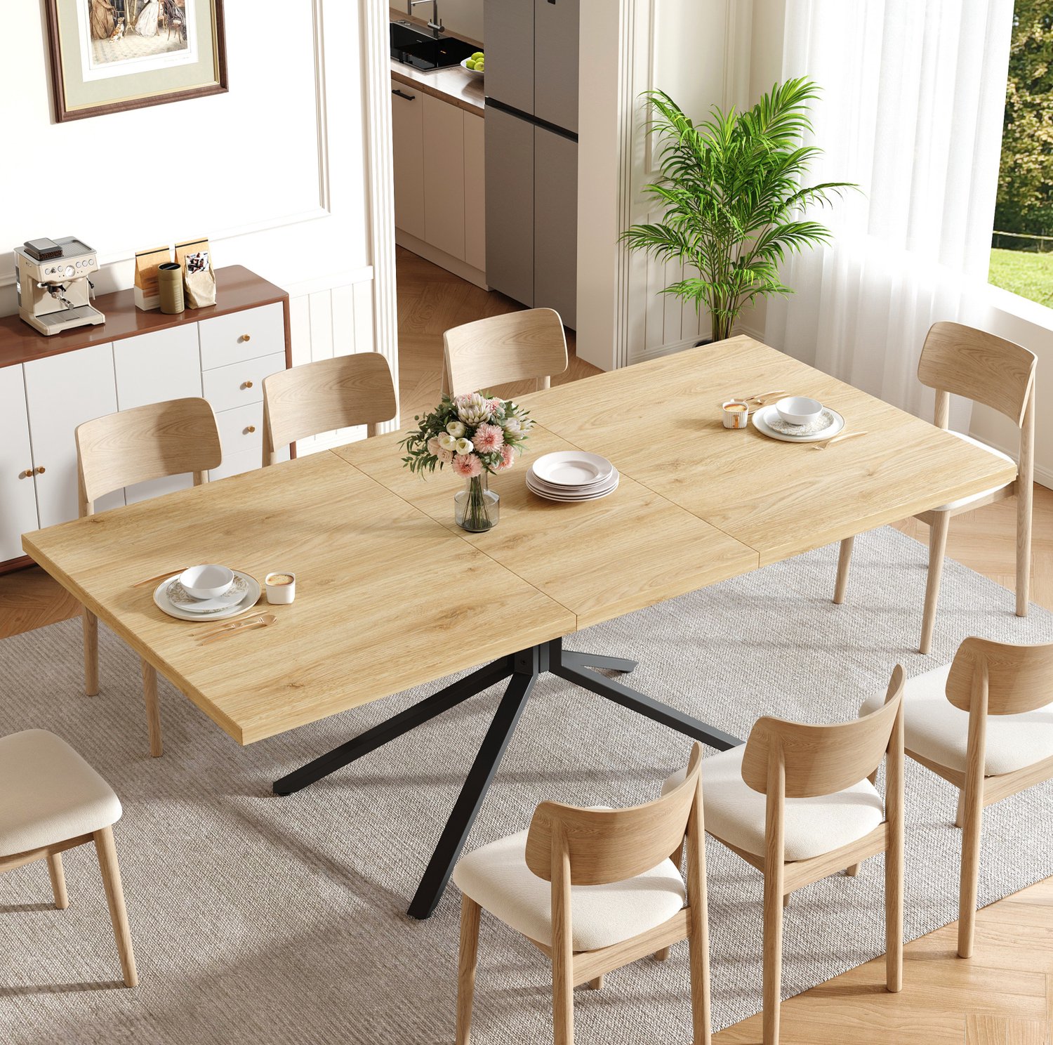 FloraGrace Uitschuifbare Eettafel - Rechthoekig Voor 4 Tot 6 Personen - MDF En Metaal - 120/160x90x75 Cm - Licht Eiken