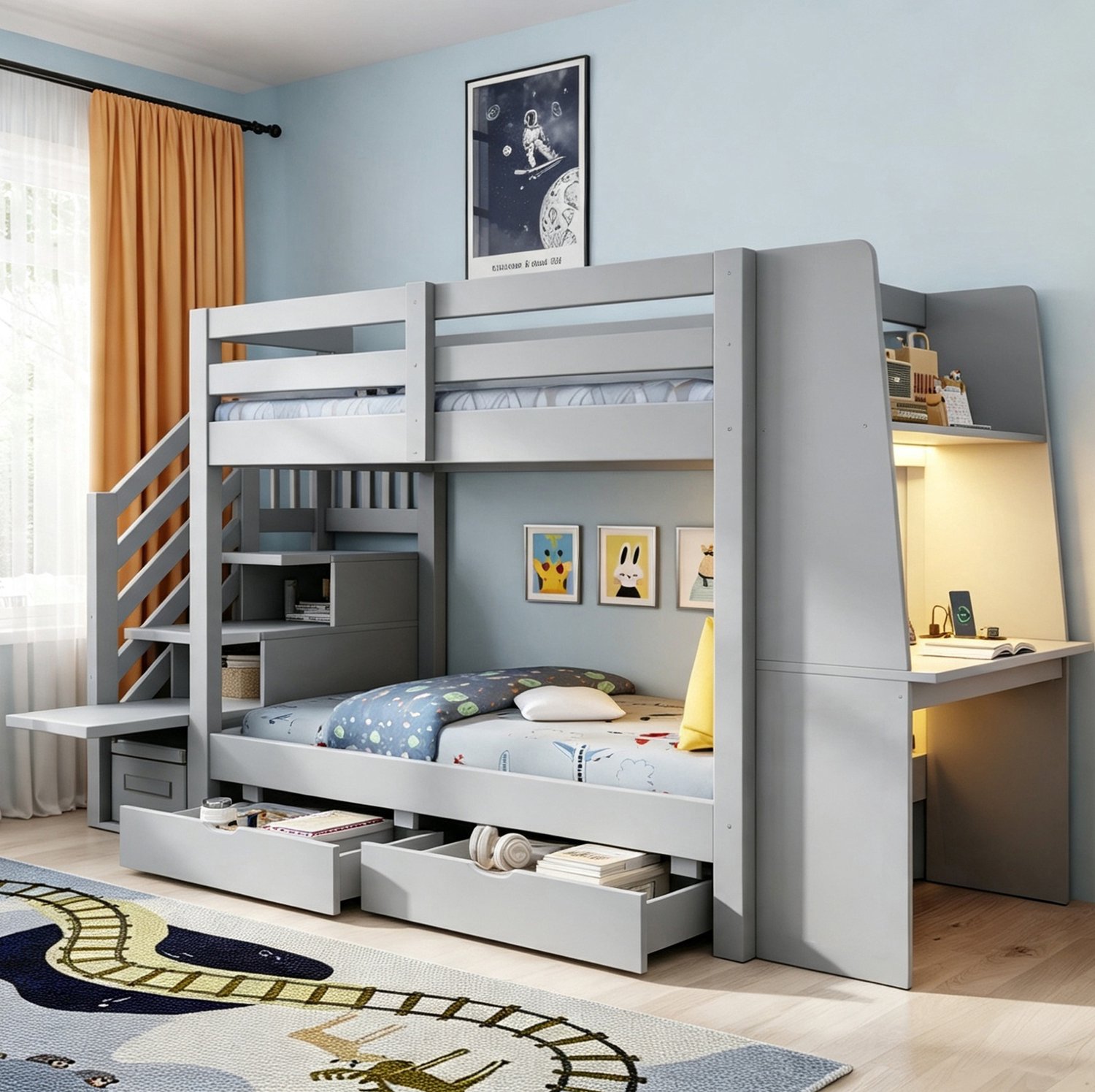 WUVRIE Stapelbed 90x200 cm - Met bureau, opbergtrap en LED-verlichting - Grijs