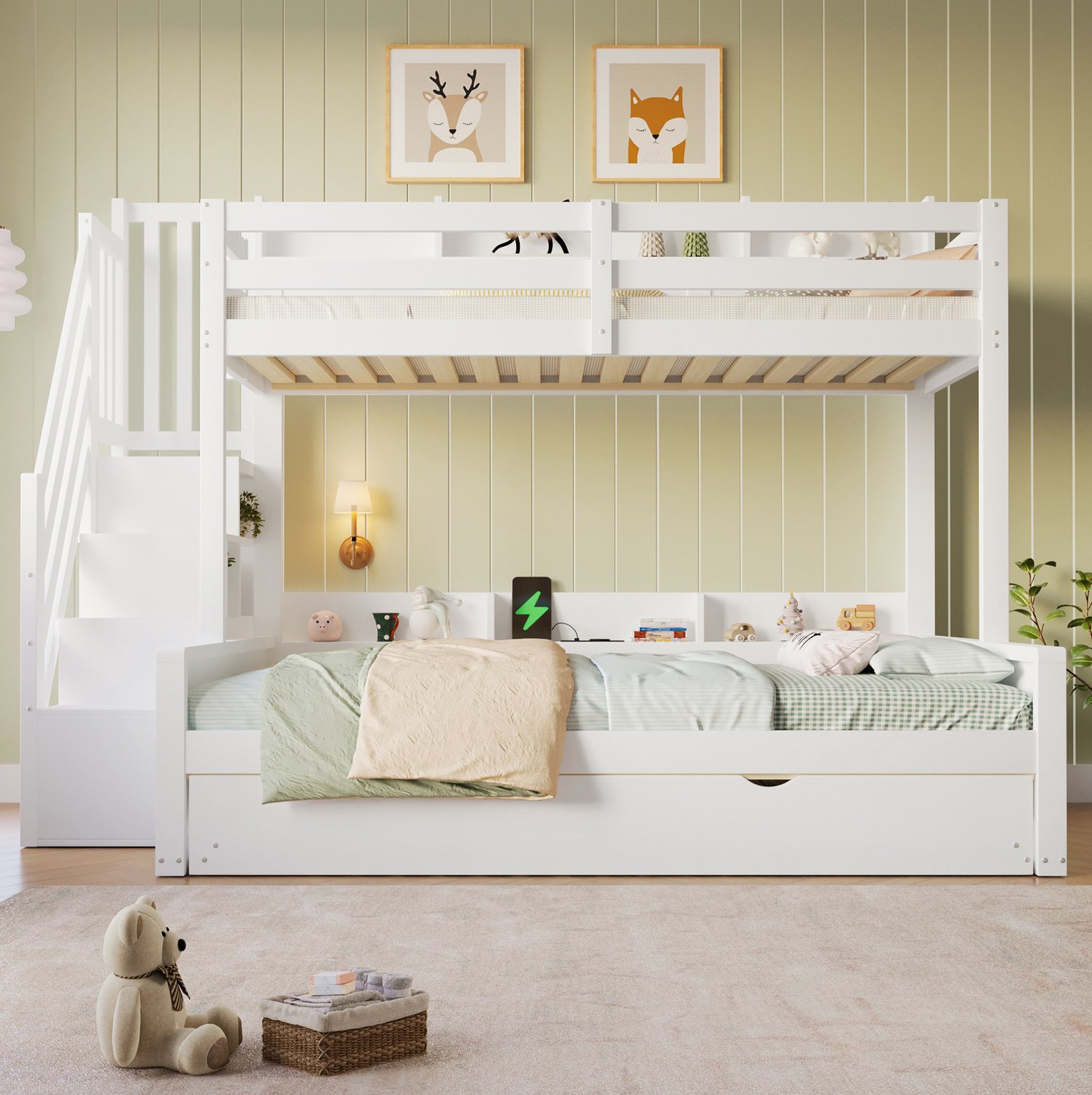 WUVRIE Stapelbed 90x200 en 140x200 cm - Met uitschuifbed, trapopberging en USB-aansluiting - Wit