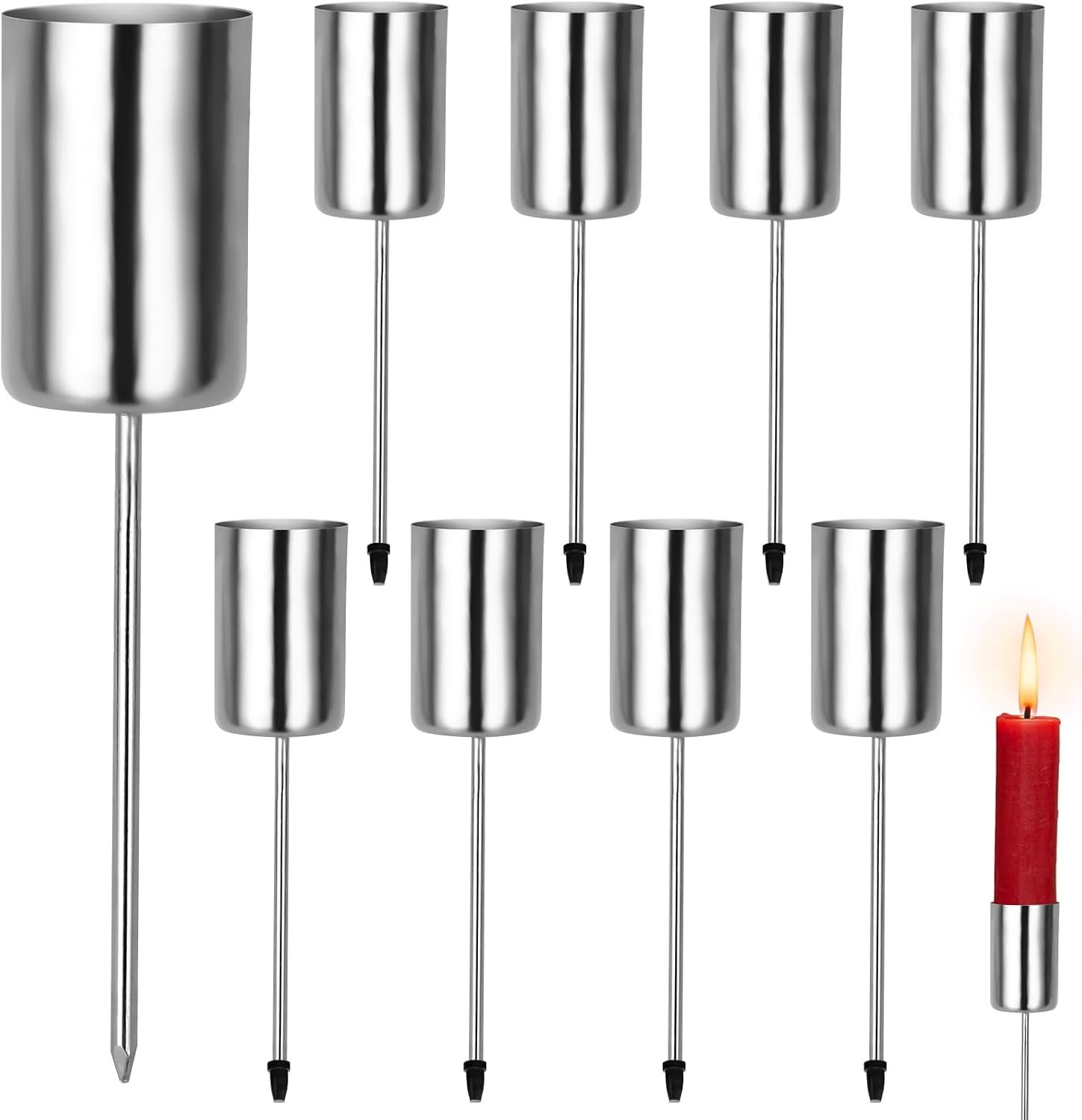 Set van 8 adventskranskaarsenhouders met een diameter van 2,5 cm, metalen taps toelopende kaarsenhouders met pin voor het zelf maken van een adventskrans. Kerstversiering,zilver