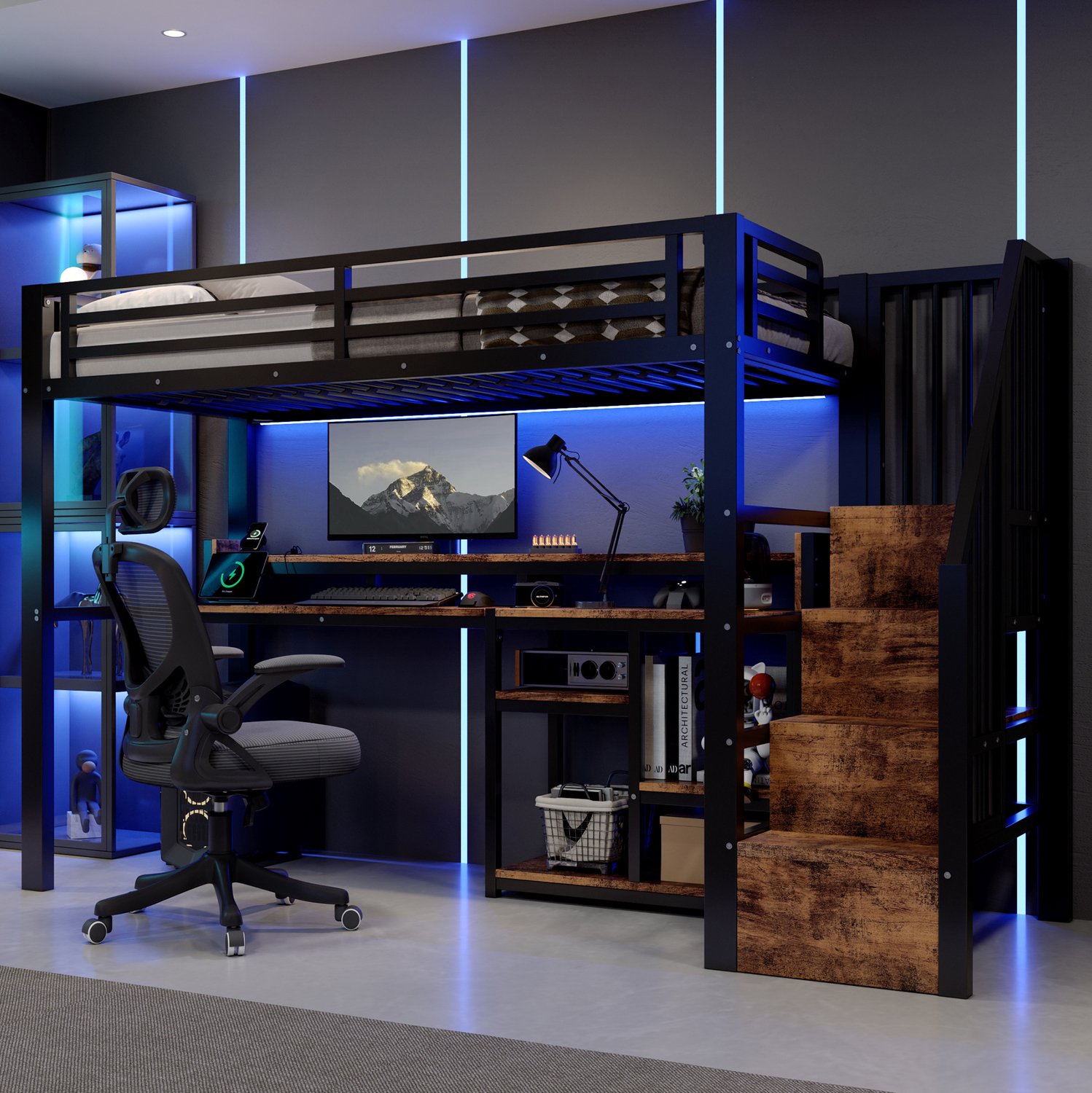 WUVRIE Hoogslaper 90x200 cm - Met bureau, trapskast, LED en USB-C - Zwart