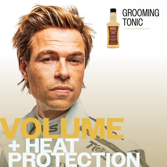 Man met gestyled blond haar en tekst die volume en hittebescherming benadrukt, naast Reuzel Grooming Tonic.