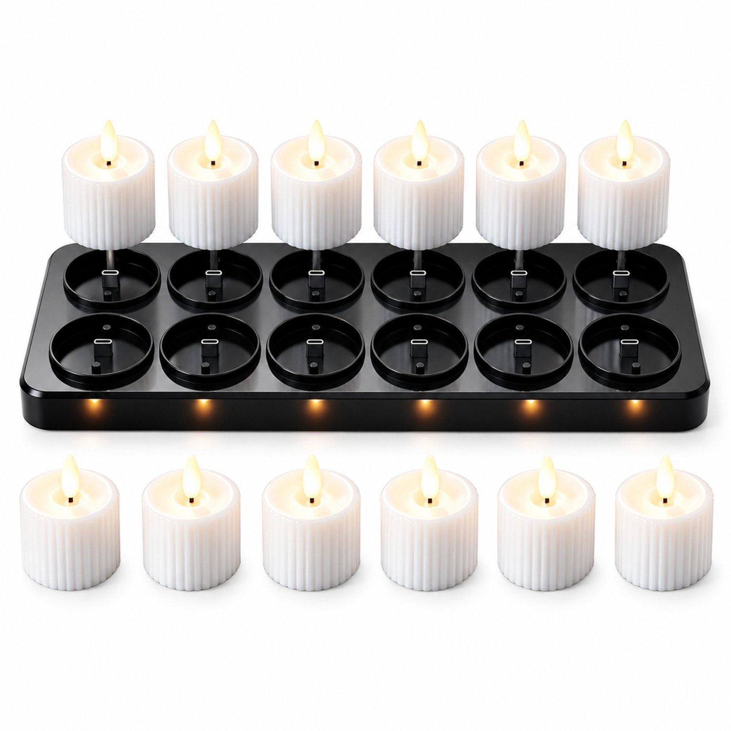 led kaarsen, set van 12 met zwarte oplaadbasis met 12 plaatsen, Type-C oplaadbaar, op afstand bedienbaar, witte geribbelde behuizing
