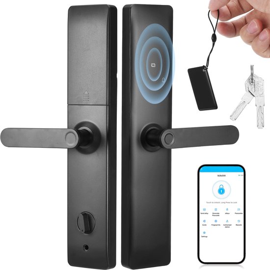 Zwart slim deurslot met NFC-kaart, fysieke sleutels en smartphone-app voor beheer van codes en vingerafdrukken.