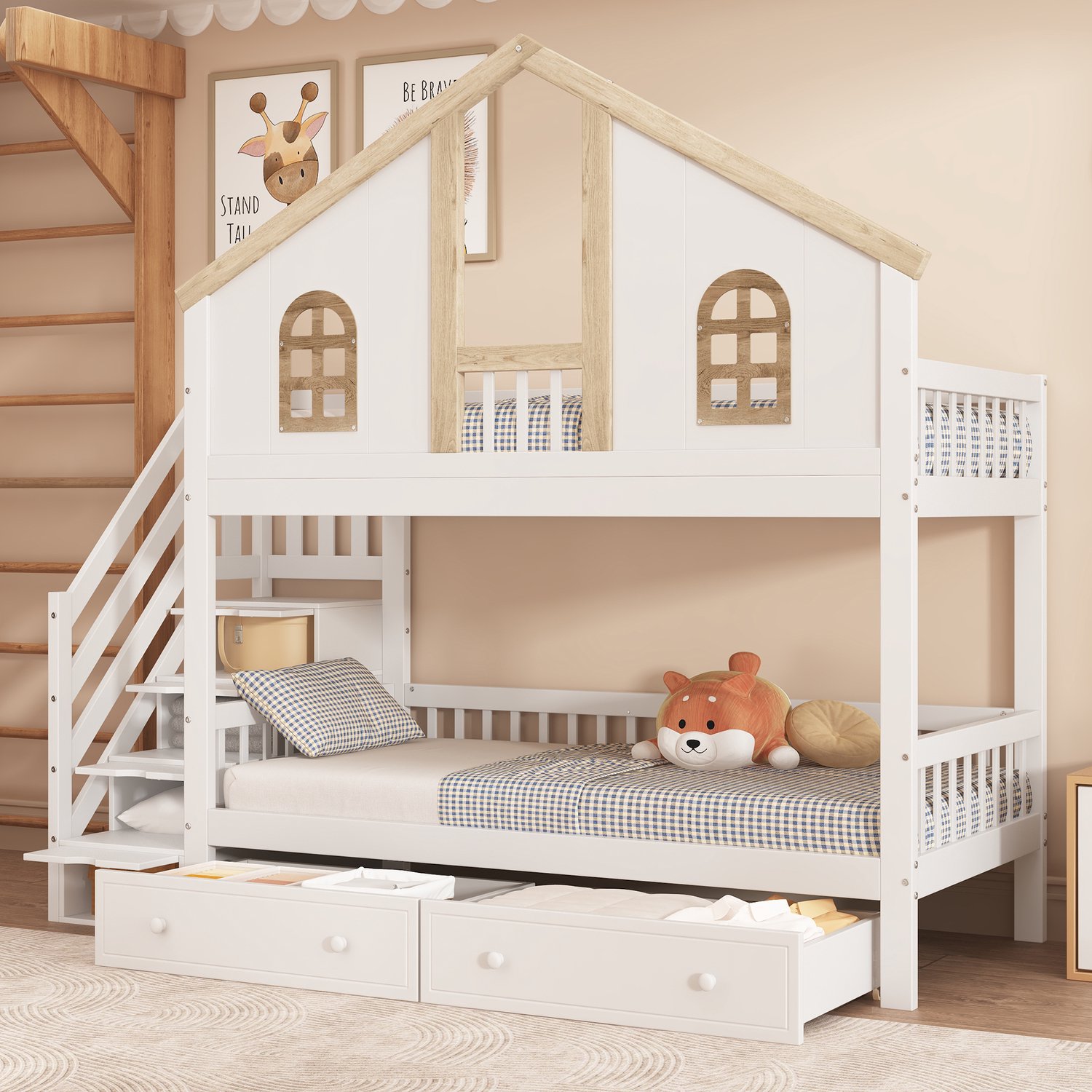 WUVRIE Kinderstapelbed 90x200 cm - Huisbed met opbergtrap en 2 lades - Wit/naturel Wit en naturel