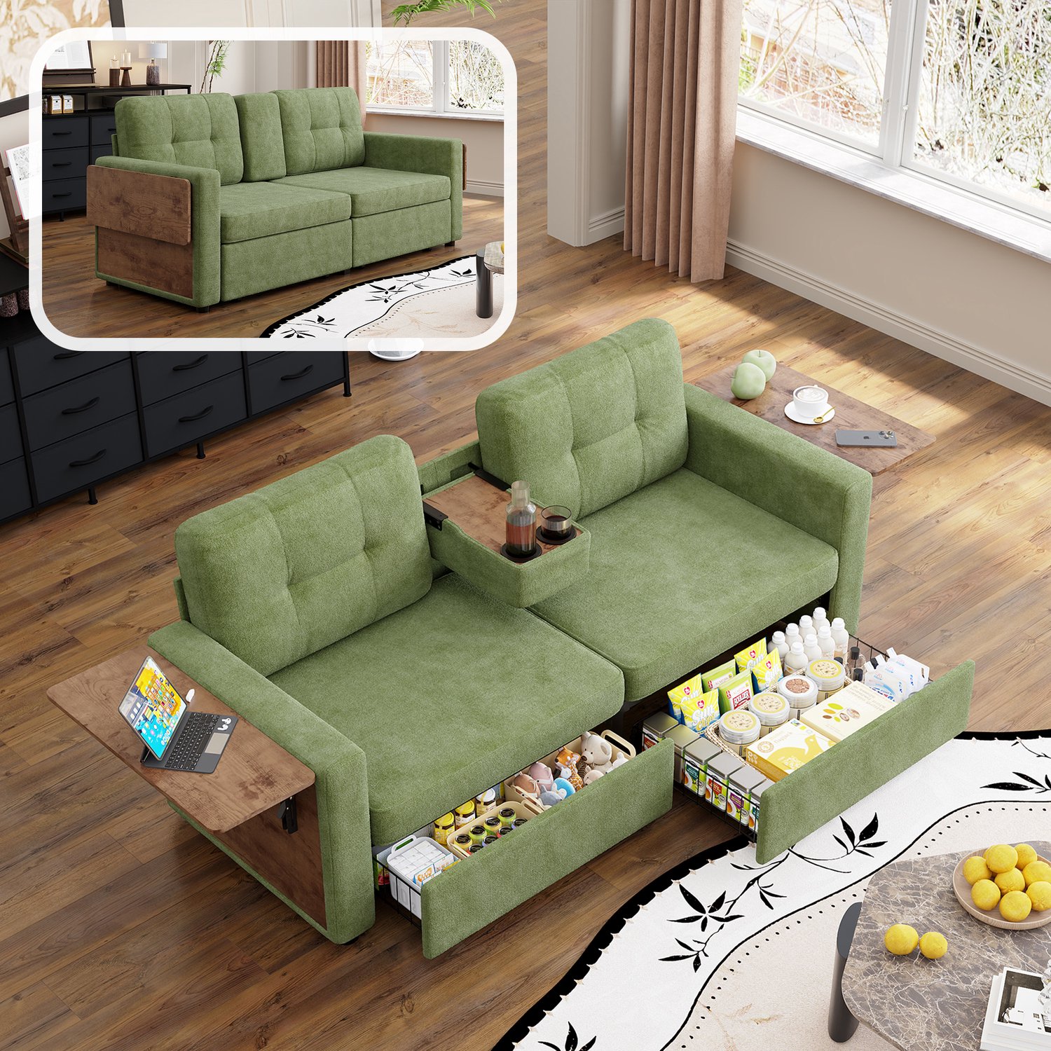 MIVRAY Zitbank 178 Cm - 2-Zits Met Opberglades Laptoptafel En Bekerhouders - Voor Woonkamer En Thuiswerken - Chenille Groen