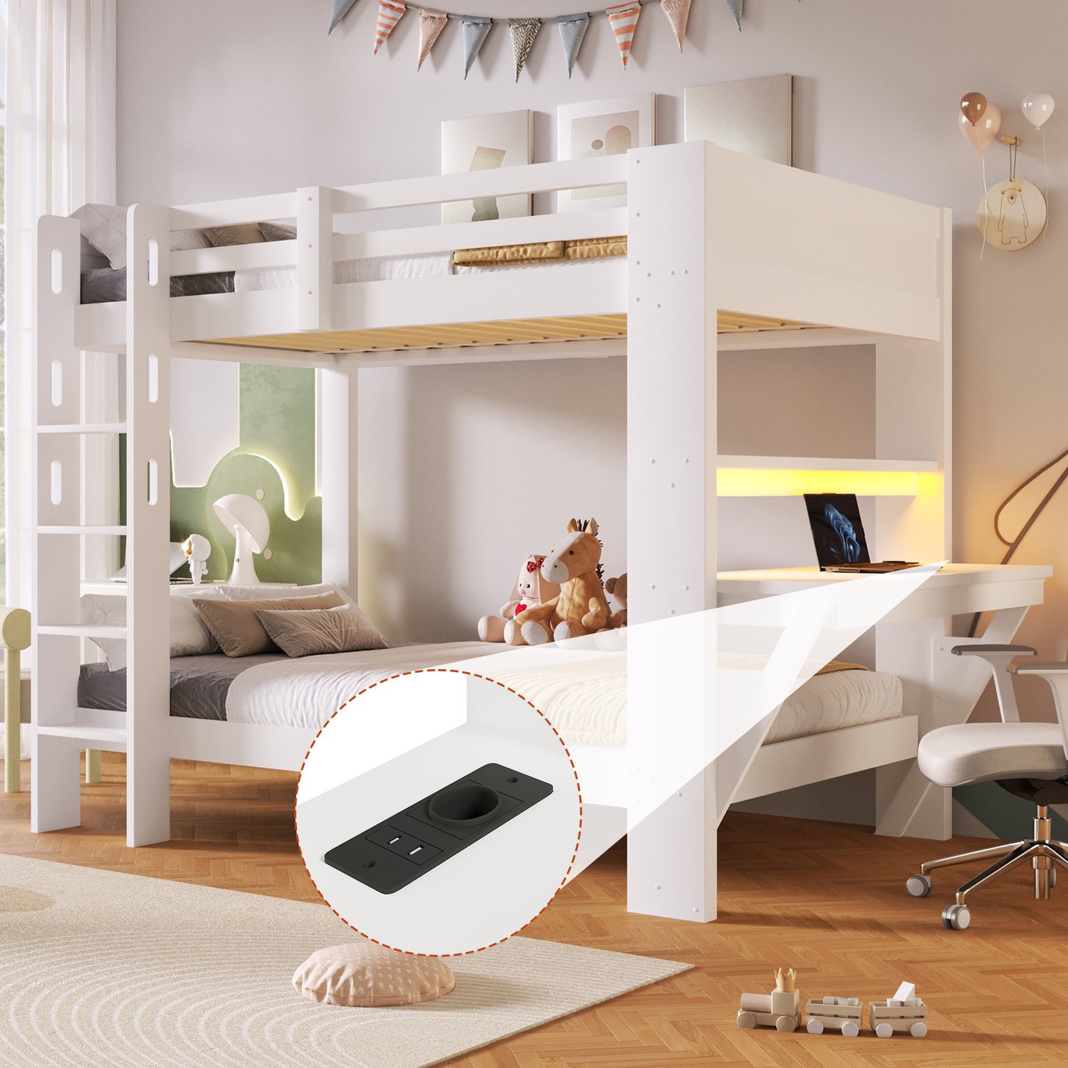 Clruro Stapelbed - 90x200 cm - met Bureau - LED en Stopcontact - Grenenhout/MDF - Wit