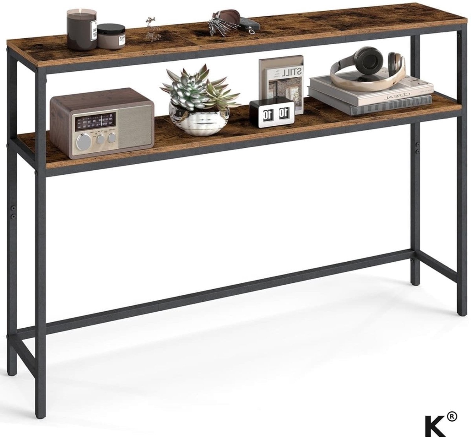 Klarven Consoletafel Vintagebruin-Zwart - Smalle Consoletafel - Console Table - 2 Niveaus - Draagvermogen 25 kg per Plank