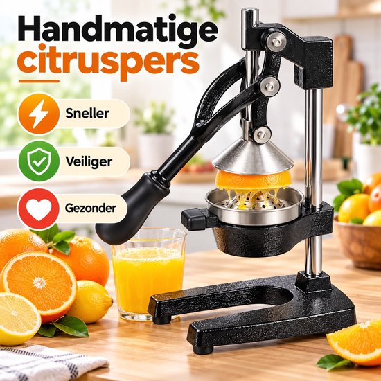 Handmatige Citruspers met Hendel – Professionele Sinaasappelpers – Granaatappelpers en Citroenpers – RVS Zeef – Stevige Metalen Fruitpers – Antislip Handgreep – Zwart/Zilver — afbeelding 5