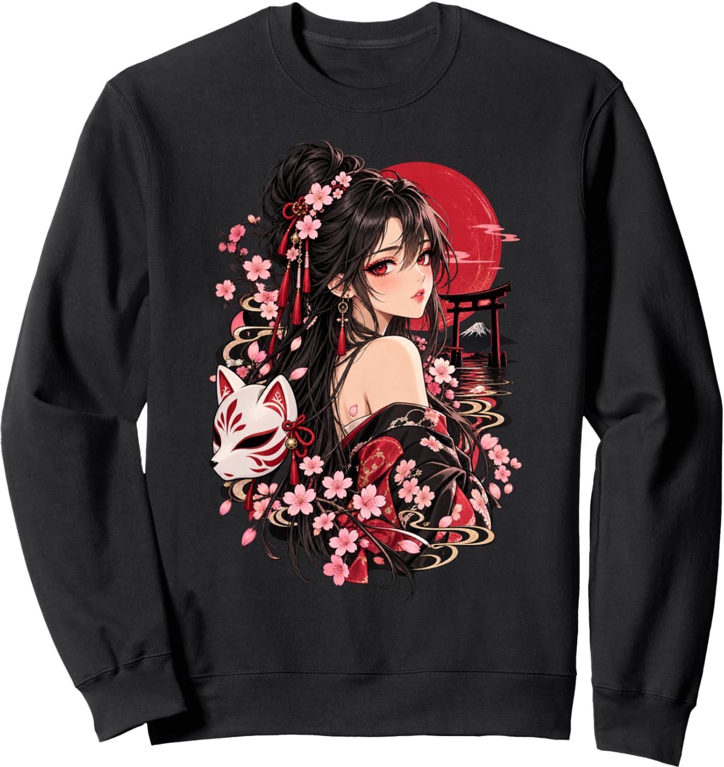 Sweatshirt met anime meisje in kimono, vosmasker en kersenbloesem