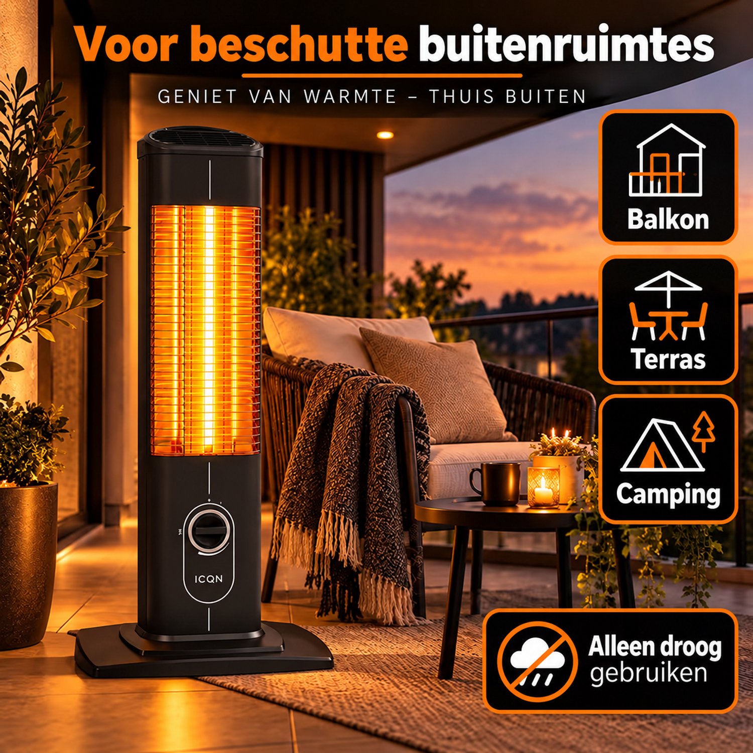 ICQN Infrarood Kachel, Terrasverwarmer, Elektrische Verwarming - 1500W - Voor Binnen en Buiten – foto 6