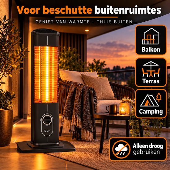 Zwarte ICQN infraroodkachel voor beschutte buitenruimtes zoals balkons, terrassen en campings, alleen droog gebruik.