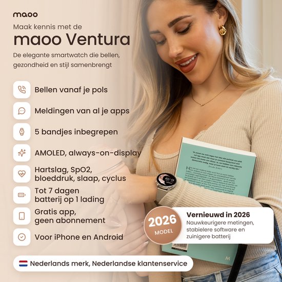 Maoo Ventura Smartwatch Dames - Belfunctie - 5 Bandjes - AMOLED - Stappenteller Horloge Dames - Hartslagmeter - Slaapmonitor - Android en iOS - Zilver en Wit