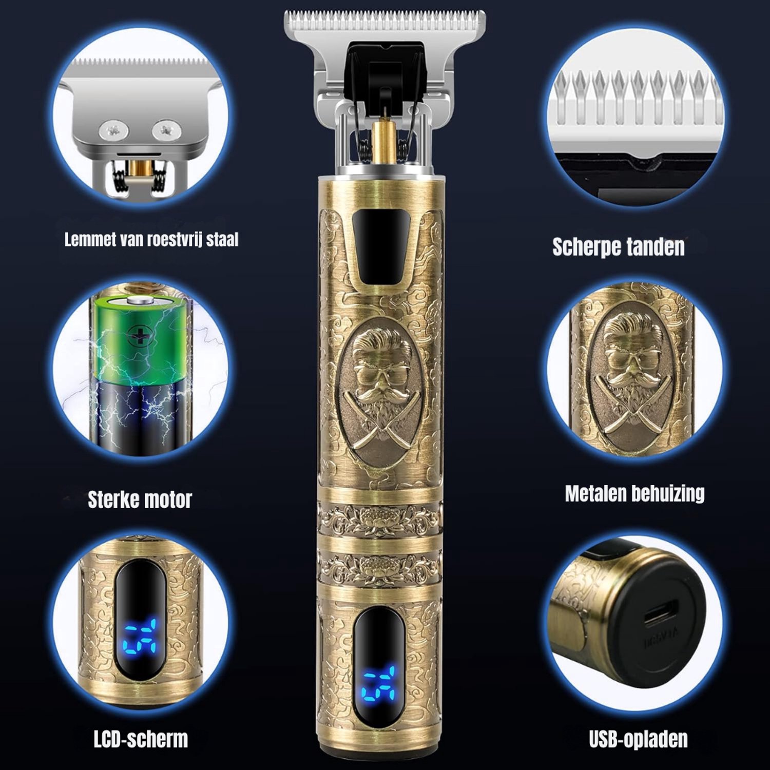 Levo® Professionele Tondeuse - Tondeuse Mannen - Carbon Draadloze Tondeuse - IPX5-Waterdicht - Tondeuse hoofdhaar - Haartrimmer - Tondeuses - Trimmer Mannen - Complete Set - Zwart/Goud - Zwart - 15cm x 12cm x 10cm