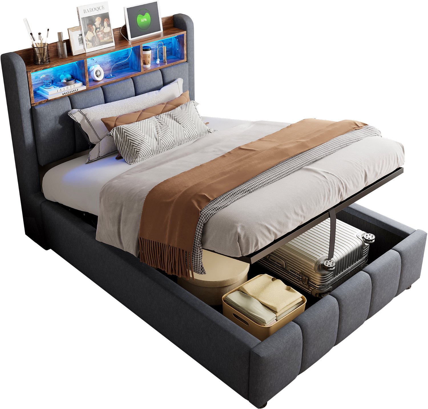 MUVANO Gestoffeerd bed 90 x 200 cm - eenpersoonsbed met kleurwisselende LED-verlichting - hydraulische opbergruimte - linnen bekleding - slaapkamer, grijs
