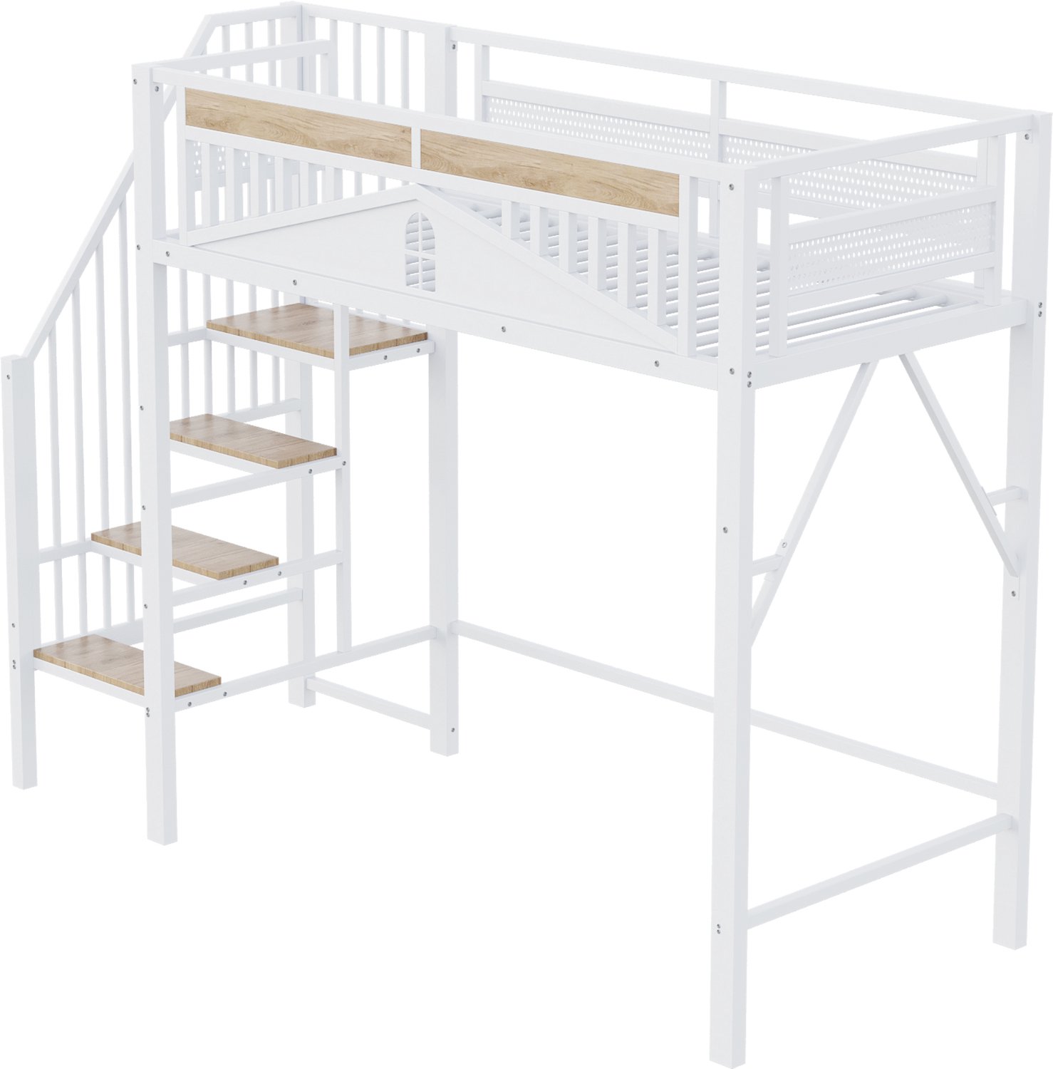 MUVANO Metalen hoogslaper 90 x 200 cm - witte kinderhoogslaper met veiligheidshek, veiligheidsladder en opbergruimte in de trap voor speel- en studeerplek