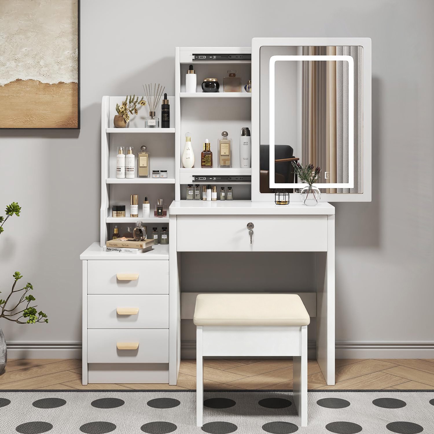 DantefHandels Stijlvolle kaptafel met spiegel en verlichting, inclusief zachte kruk, make-upspiegel met verlichting, kaptafel-Set, wit B85/H130/T36cm.