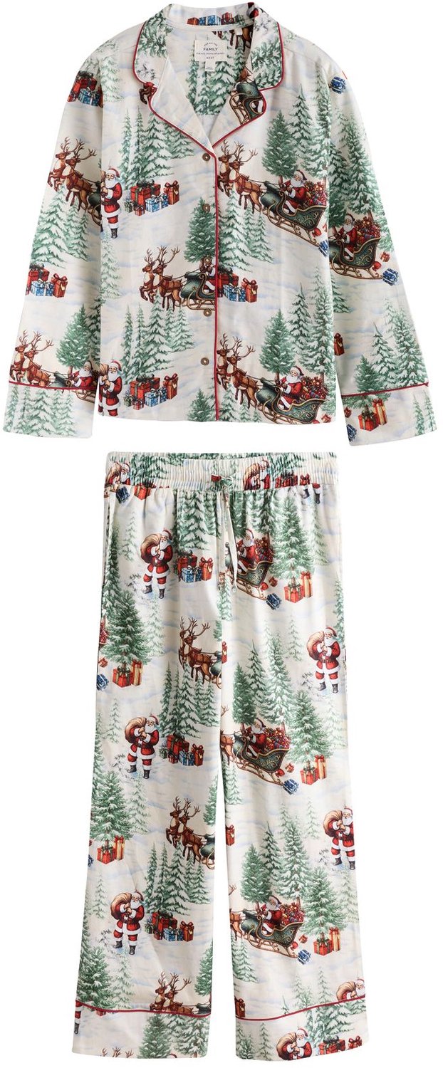 Next Dames - Flanellen kerstpyjama’s met knoopsluiting voor het hele gezin - Tall - Crème Ecru Santa