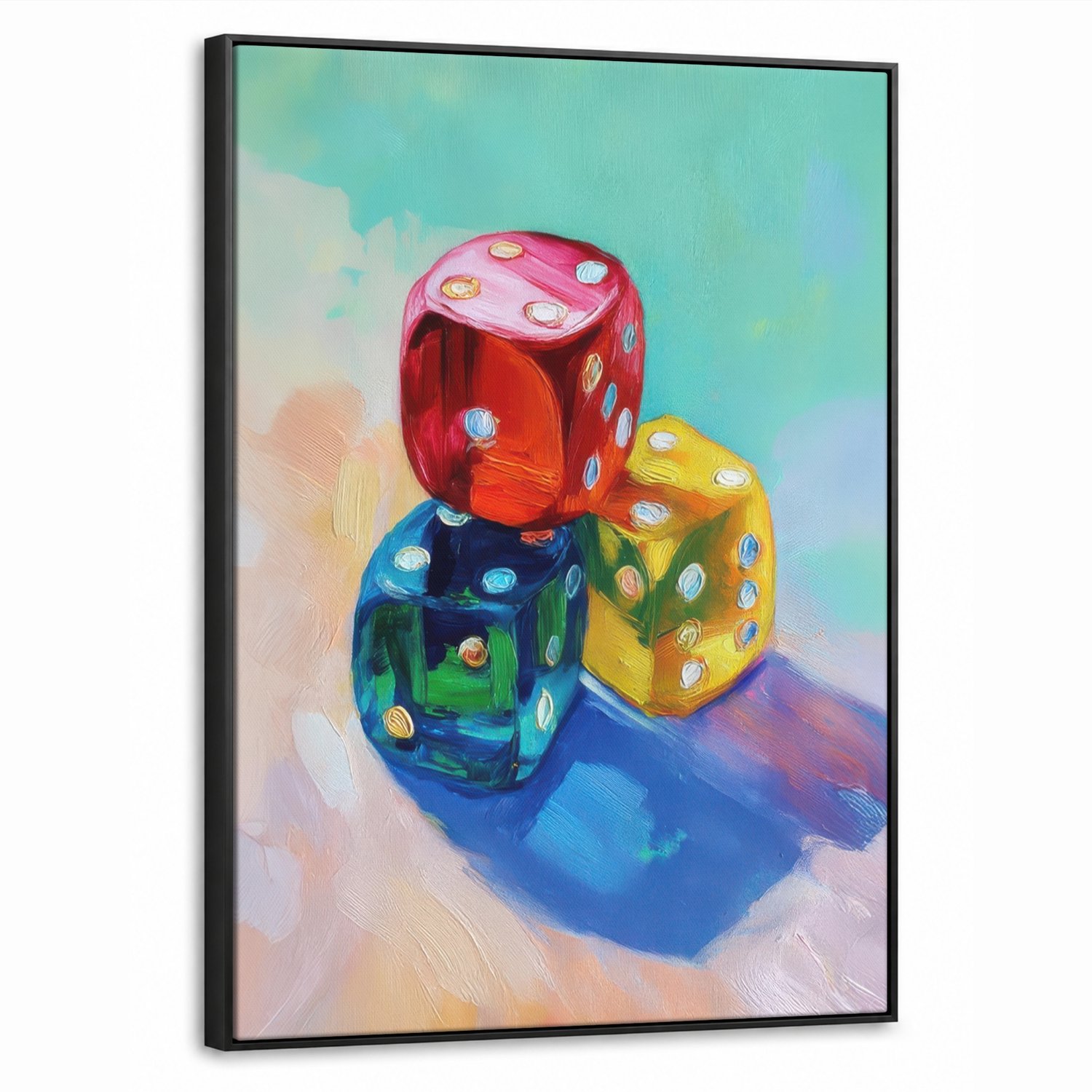 Canvas Schilderij met Baklijst 50x70cm - Dobbelstenen - Kleurrijk - Getallen - Stipjes - Muurdecoratie woonkamer - Slaapkamer decoratie - Kamer accessoires - Schilderijen op canvas met lijst