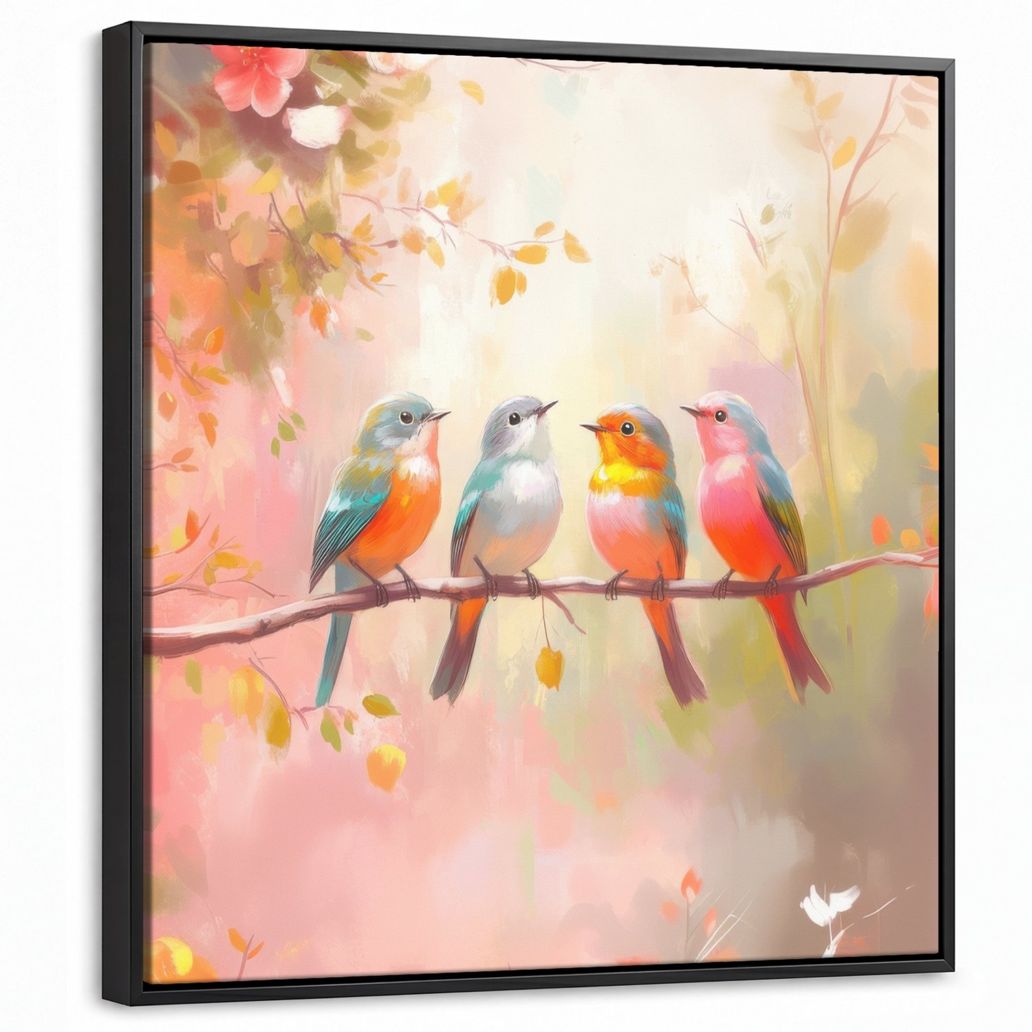 Canvas Schilderij met Baklijst 50x50cm - Vogels - Kleurrijk - Tak - Muurdecoratie woonkamer - Slaapkamer decoratie - Kamer accessoires - Schilderijen op canvas met lijst