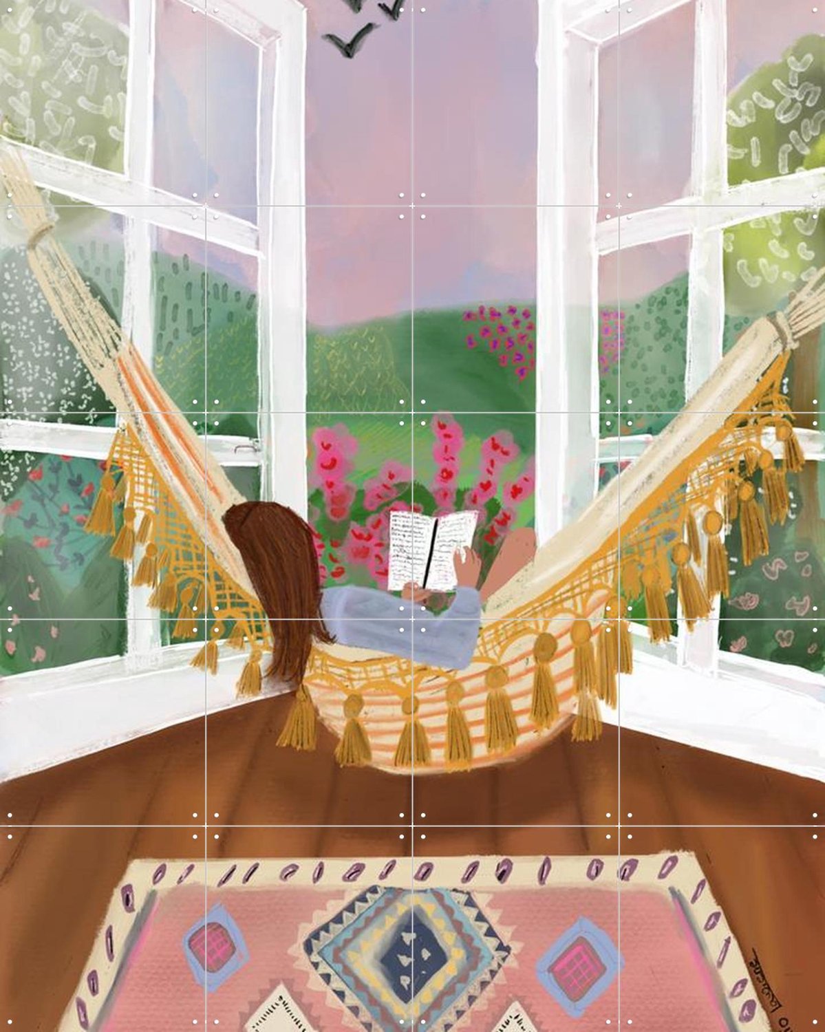 IXXI Hammock Dream, Studio LaWiene - 80 x 100 cm - Grote wanddecoratie en posters - Modern, Digitale Kunst, Speels, Kleurrijk, Vintage, Geometrische Roze / Groen