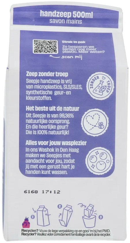 Zijkant van Seepje handzeepverpakking met productinformatie over natuurlijke ingrediënten en recycle instructies.
