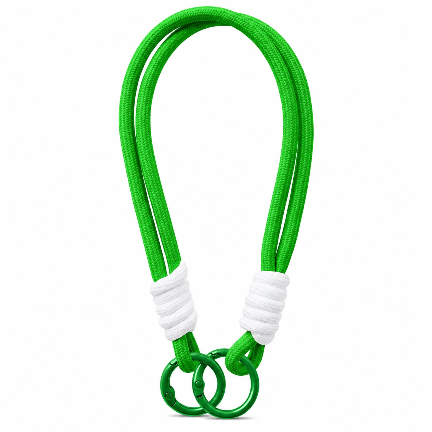 Telefoonkoord groen, 16 cm, gevlochten nylon met twee metalen ringen en witte wikkelingen, los verpakt