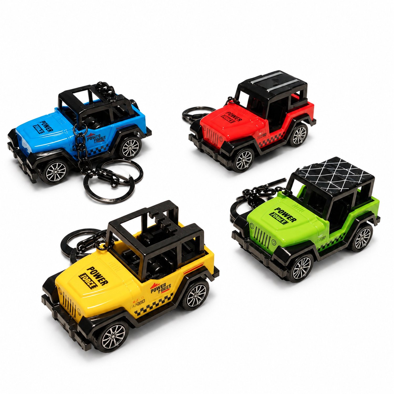 sleutelhanger met miniatuurterreinwagen van legering, terugtrekfunctie, vier kleuren, voor sleutels en schooltas