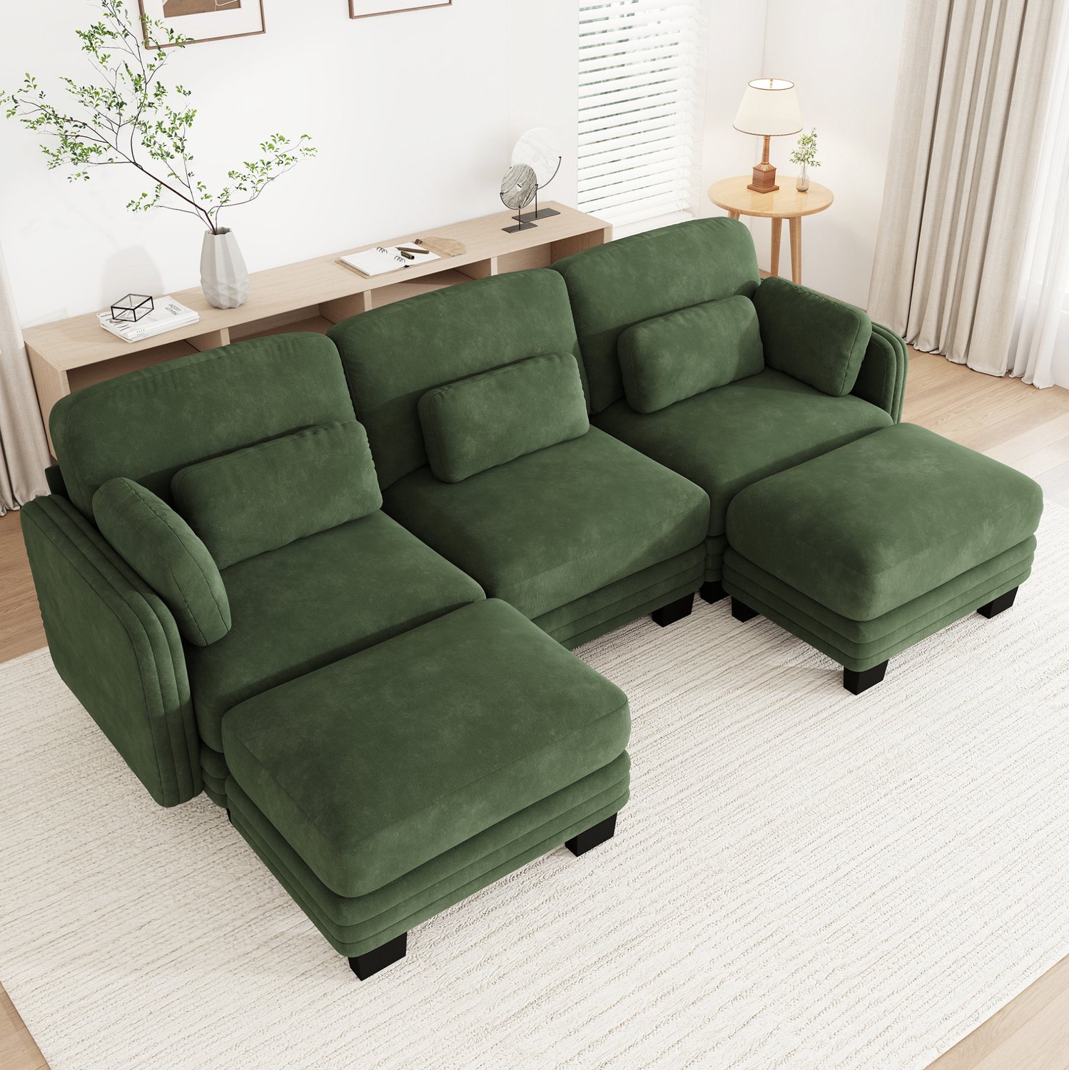 FloraGrace U-bank 253 x 143 x 88 cm - 3-zits Modulair met Twee Voetenbanken - Flexibel voor Woonkamer en Appartement - Chenille - Groen